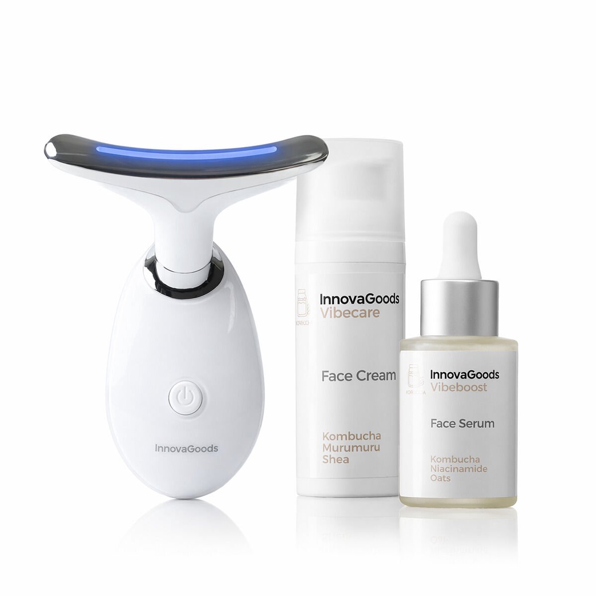 Pack gezichtsmassager, kombucha gezichtserum Vibeboost 30 ml en kombucha gezichtscrème Vibecare 50 ml InnovaGoods