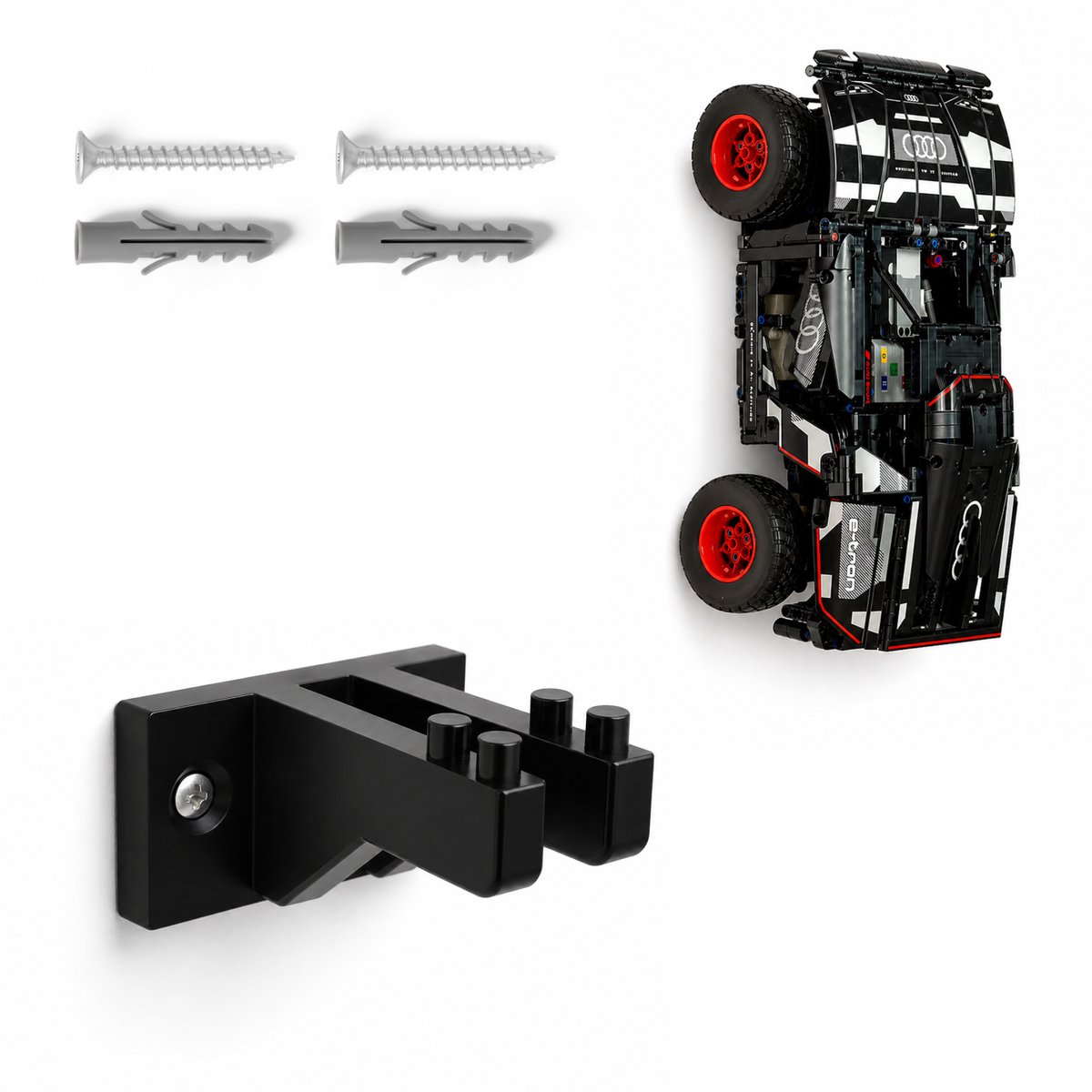 YUOM. Wandhouder geschikt voor LEGO Technic 42160 Audi RS E-tron Auto – Wall Mount – incl. schroeven & pluggen – Zwart