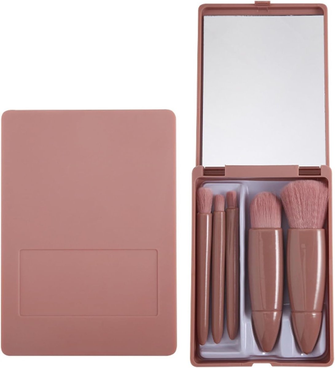 Reisformaat make-upborstels set, compacte cosmetische borstels met opbergkoffer en spiegel, ideaal voor dames en meisjes onderweg en op vakantie