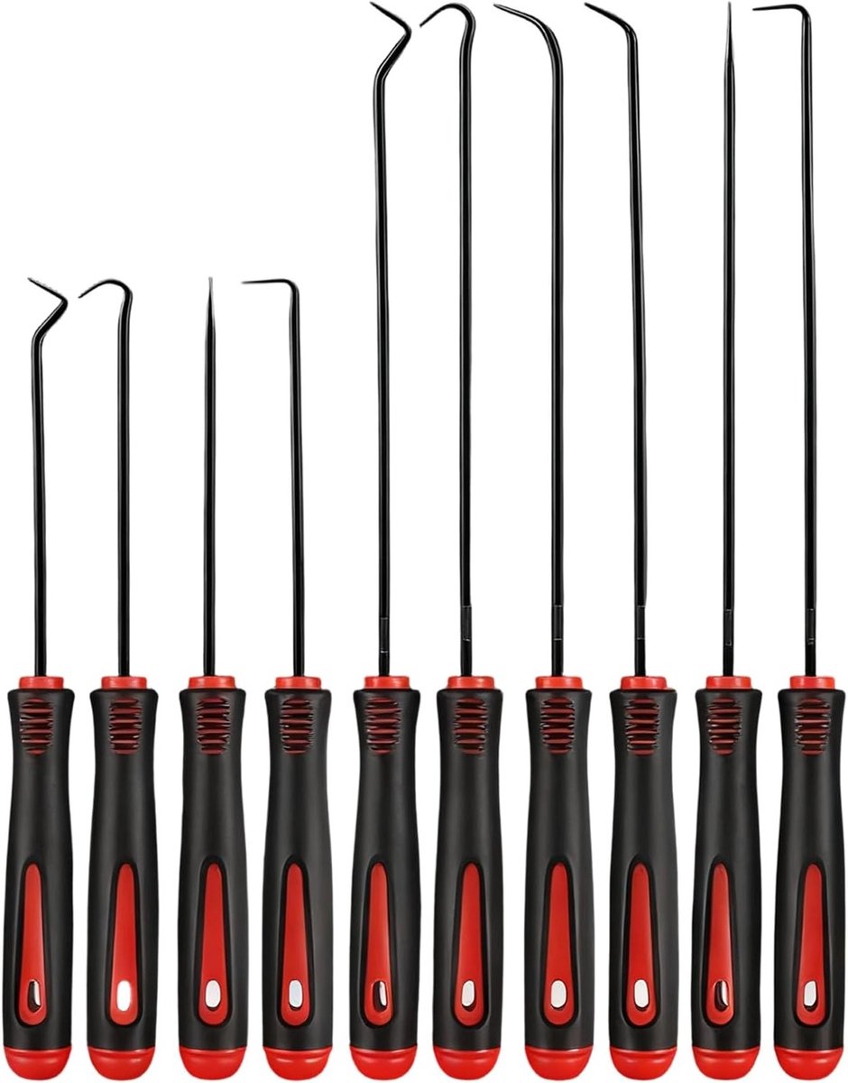Pick en haakset - Precisie gereedschap - Mechanisch werk - 10-delige set - 24 cm lengte - rood