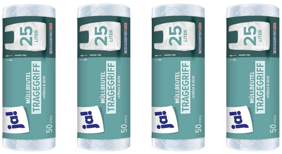 Ja!® | 4 x 50 pedaalemmerzakken 25 liter met handvaten | 200 zakjes | 53 x 54 cm | transparant