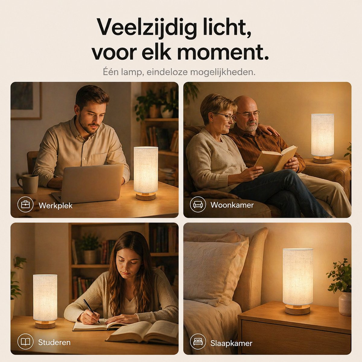 Sounix Tafellamp voor Nachtkastje - 3 Lichtkleuren 3000K/4000K/6000K - Inclusief E27 LED Lamp - Ronde Stoffen Lampenkap - Beige thumbnail 5