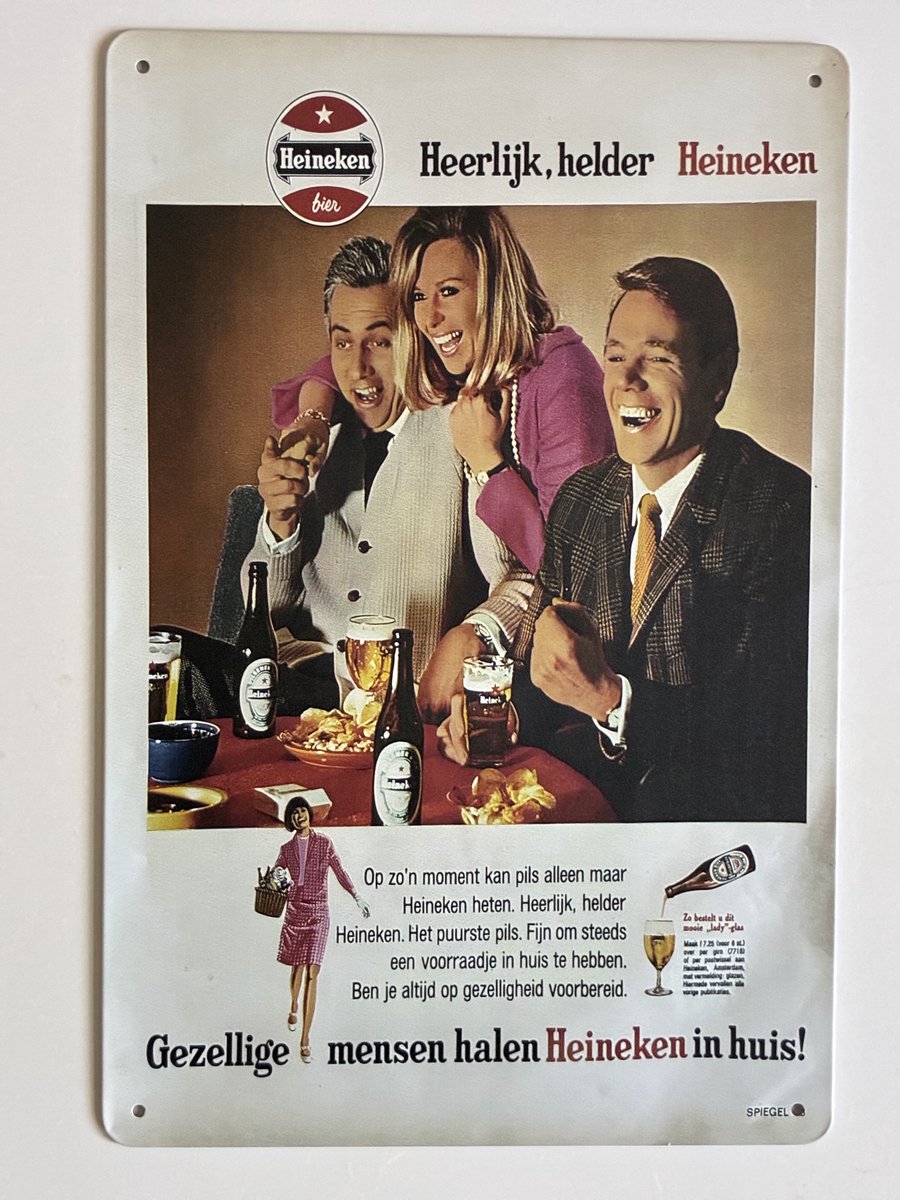oude heineken reclame jaren 60Metalen wandbord 20 x 30 cm - Mancave -Wand Decoratie - Metalen borden - Tekst borden - Metalen bord - Reclame bord - Vintage - Kroeg - Bar – Cafe - Horeca - retro