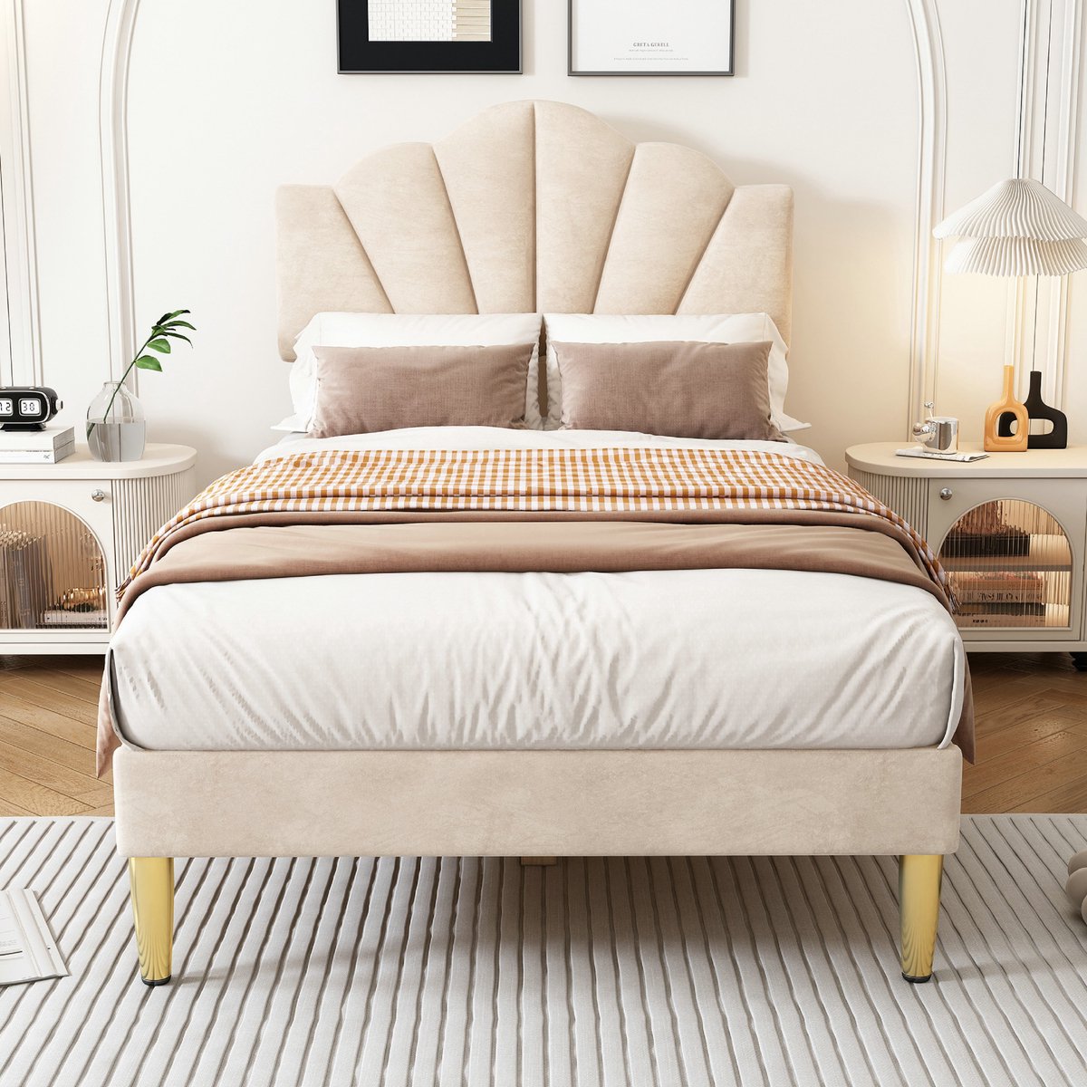 VVBV Gestoffeerd bed 90x200 / Eenpersoonsbed 90x200 – met Opbergruimte, Lattenbodem – In Hoogte Verstelbaar Hoofdbord – Fluweel – Beige