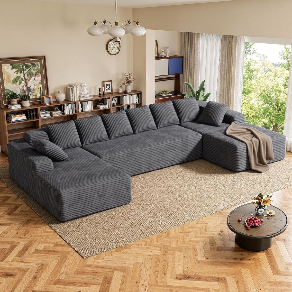 U-Shaped Cloud Comfort Modulaire Hoekbank 3-Zits L-vorm Boneless Design Sofa met High Density Foam & Corduroy Bekleding 282x102x61 cm
