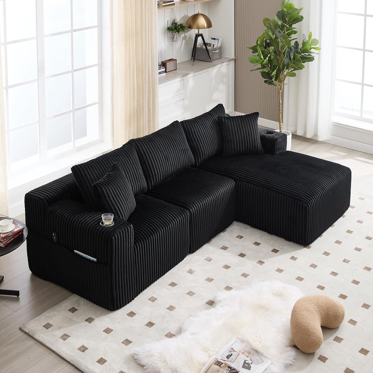 Luxora Premium L-vormige Corduroy Hoekbank Slaapbank 257 x 160 x 80 cm met 5 Kussens, Bekerhouders & Opbergvakken – Zonder Montage