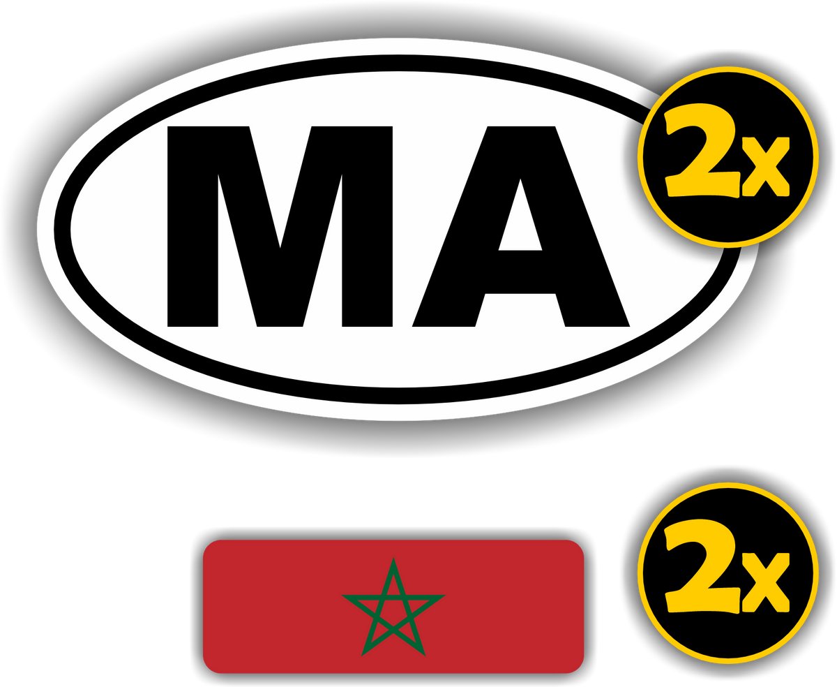 Jerma - MA - Marokko vlag - Auto - Sticker - 2x ovaal 13x7 cm - 2st 7x2.5 cm - Vinyl - zelfklevend