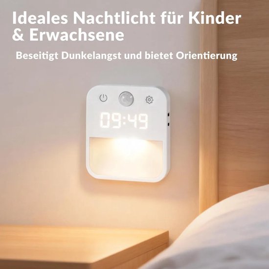 LED-nachtlampje, met stekker, bewegingssensor en klok, 3 kleurtemperaturen, dimbaar, geschikt voor trappen, slaapkamers en gangen. van Merkloos — afbeelding 2