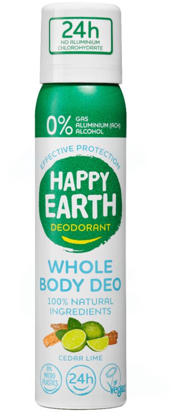 Happy Earth Whole Body Deo Cedar Lime spray met 100% natuurlijke ingrediënten. Groene en witte spuitbus.