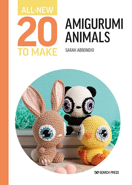 Boekomslag met de titel 'ALL-NEW 20 TO MAKE AMIGURUMI ANIMALS' met gehaakte konijn, panda en kuiken.