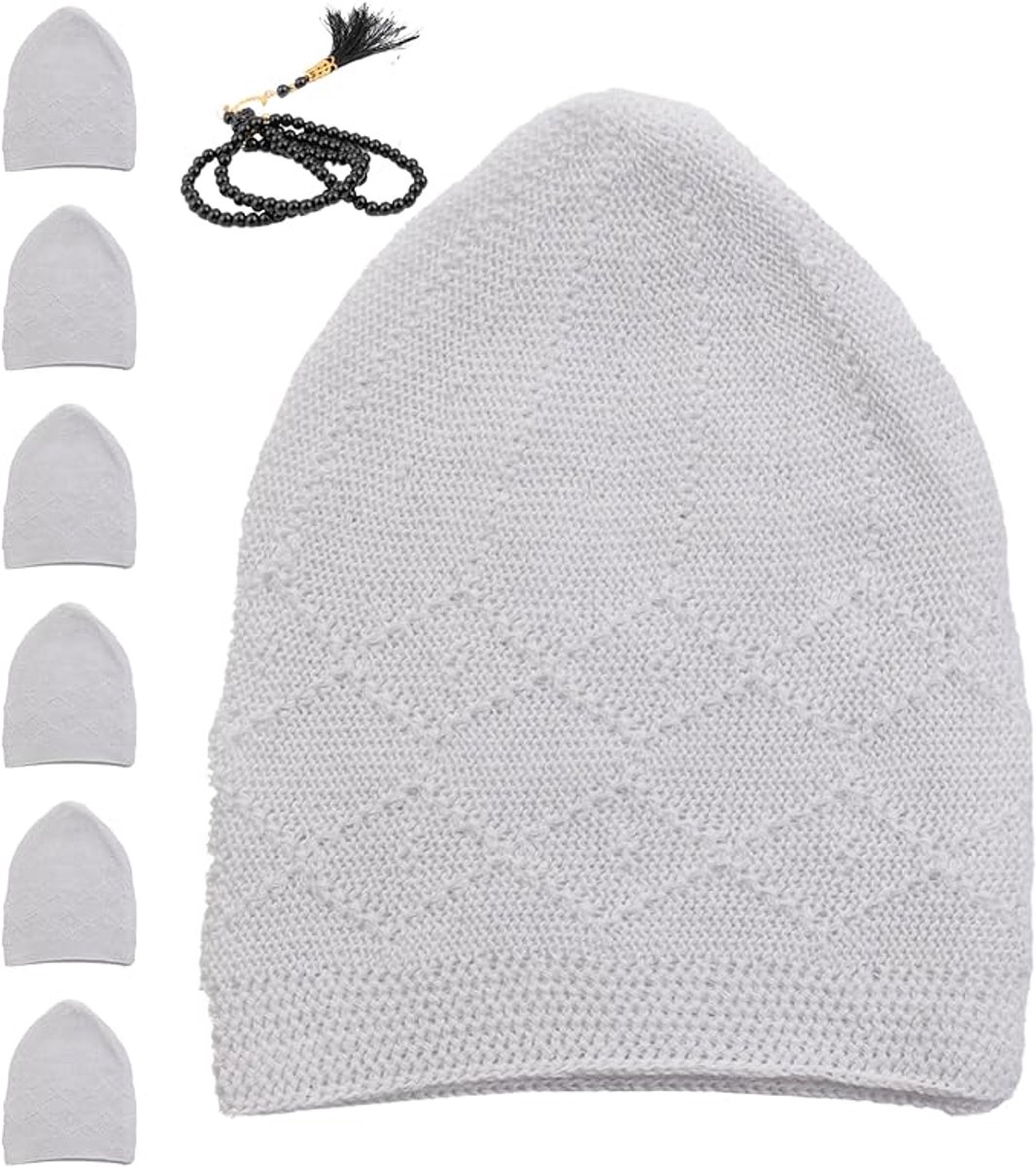 FIRASET Islamitische Kufi Muts voor Heren – Fluwelen Gehaakte Gebedsmuts – Rekbaar & Ademend – Standaardmaat – Set van 6 Witte Kufi Hoeden