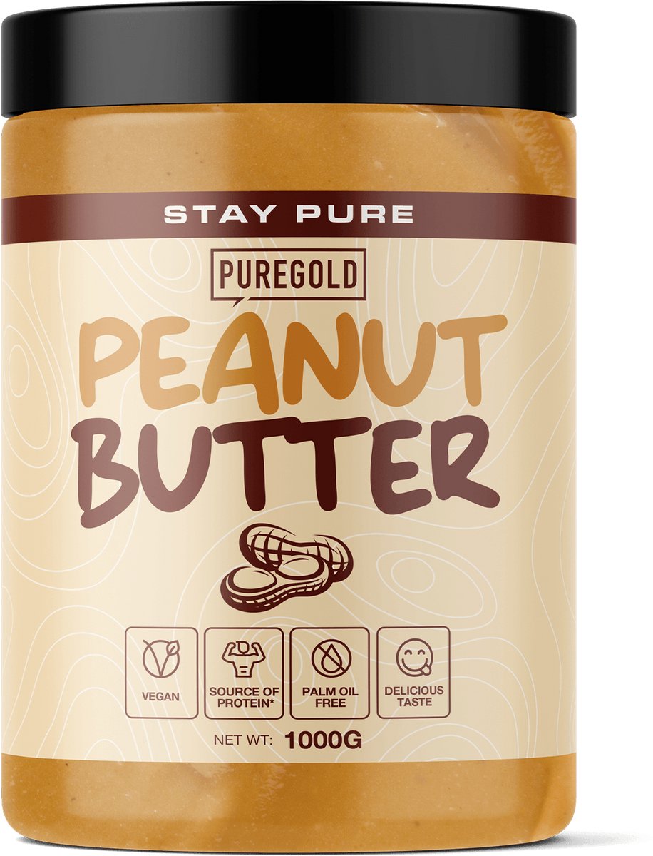 Pure Gold Peanut Butter – 1000g – 100% Pindakaas zonder Toevoegingen – Bron van Eiwit – Vegan & Palmolievrij – Naturel