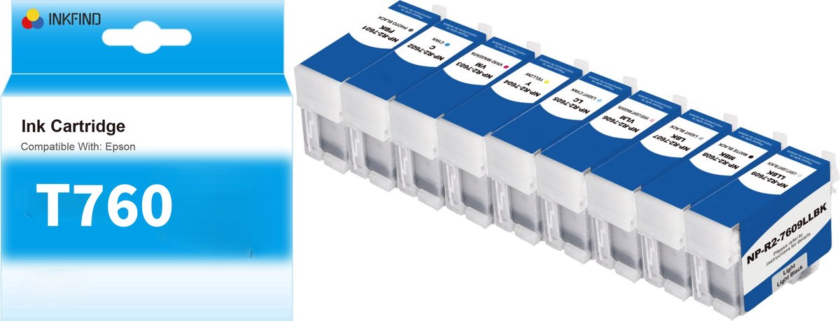 INKFIND T760 inktcartridge 9 Pack (PBK, C, VM, Y, LC, VLM, LBK, MBK, LLBK) compatibel met Epson T7601 T7602 T7603 T7604 T7605 T7606 T7607 T7608 T7609 Geschikt voor Epson SureColor SC-P600 SC P600 SC P600 -9-pack