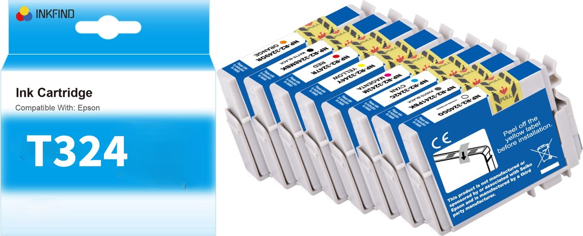 INKFIND T324 inktcartridge 8 Pack (GO, PBK, C, M, Y, R, MBK, OR) compatibel met Epson T3240 T3241 T3242 T3243 T3244 T3247 T3248 T3249 Geschikt voor Epson SureColor SC-P400 -8-pack