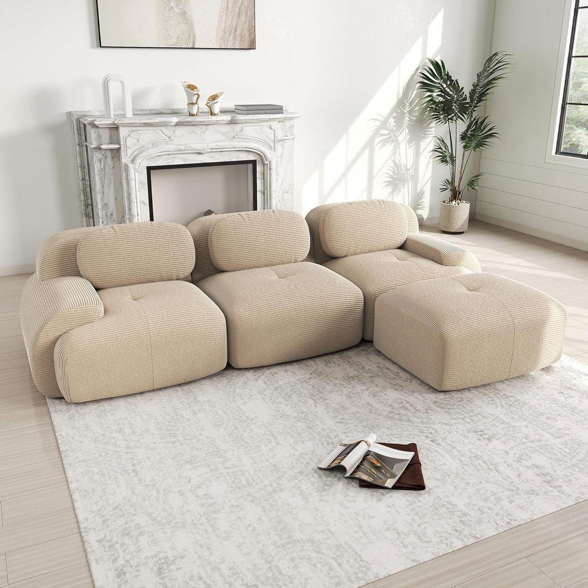 Luxe Modulaire L-Shape Corduroy Hoekbank met Poef 3-Zits 298x178x70 cm Beige