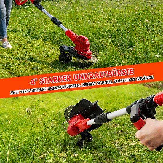 Rode grastrimmer met wieltjes, die onkruid wegsnijdt in een grasveld. De tekst luidt '4" STERKER ONKRUIDBORSTEL'.
