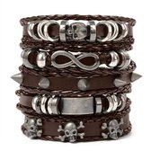 Set van 5 bruine armbanden voor heren – verstelbare PU leren en gevlochten armbanden met metalen details, skulls, studs en infinity symbool – unisex sieradenset