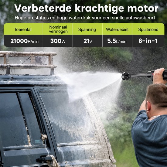 Draadloze Hogedrukreiniger 45BAR - Met 2x 1500mAh Accu's & 6-in-1 Multifunctionele Mondstuk - 5M Slang met Filter - Krachtige 22000 RPM Motor - Voor Auto, Terras, Tuin, Hek & Zwembad - Inclusief Schuimlans en Draagtas van VorexTech — afbeelding 3