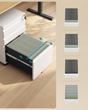 Witte rolcontainer met open bovenste lade waarin groene en grijze dossiers liggen. Illustraties tonen hoe de dossiers passen.