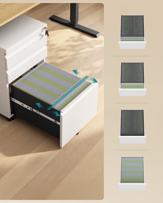 Witte rolcontainer met open bovenste lade waarin groene en grijze dossiers liggen. Illustraties tonen hoe de dossiers passen.