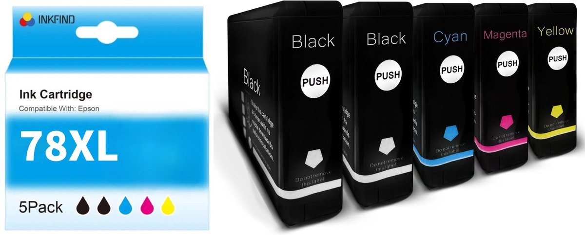 INKFIND 78XL inktcartridge 5 Pack (Zwart x 2 / Cyaan x 1 / Magenta x 1 / Geel x 1) compatibel met Epson T7891/T7891/T7892/T7893/T7894 (5 Pack) voor Epson Workforce Pro WF-5690DWF WF-5620DWF WF-5190DW WF-5110DW - 5-pack BK/BK/C/M/Y