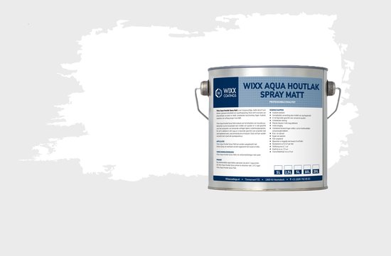 Boîte de peinture Wixx Aqua Houtlak Spray Matt avec logo "Wixx Coatings". Texte en néerlandais.