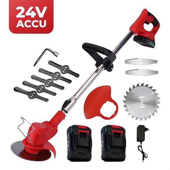 Volledige set van de rode 24V grastrimmer, inclusief twee accu's, oplader, cirkelzaagblad en diverse mesjes.