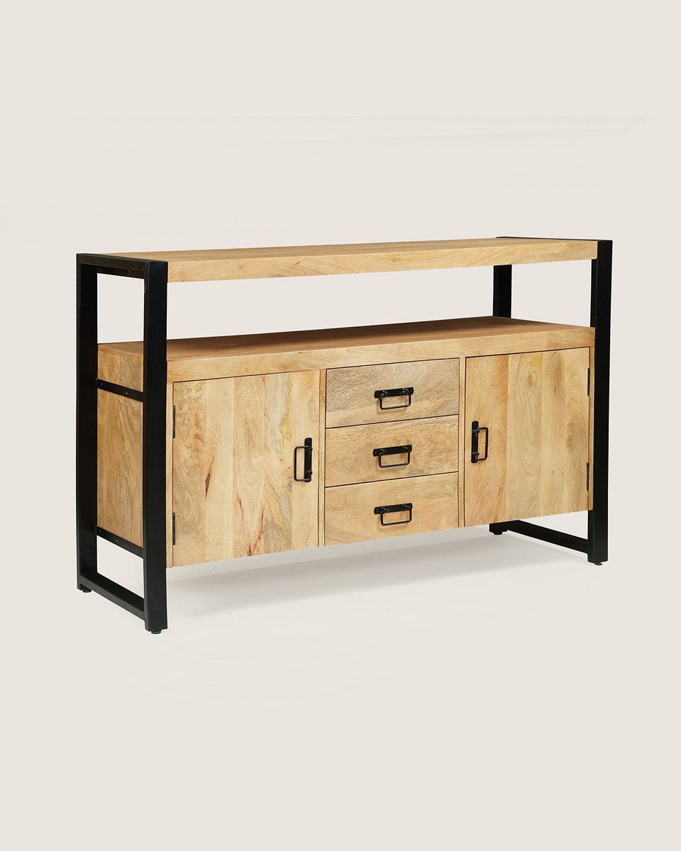 Dressoir 135 cm Mangohout – 2 Deuren & 3 Lades – Industrieel