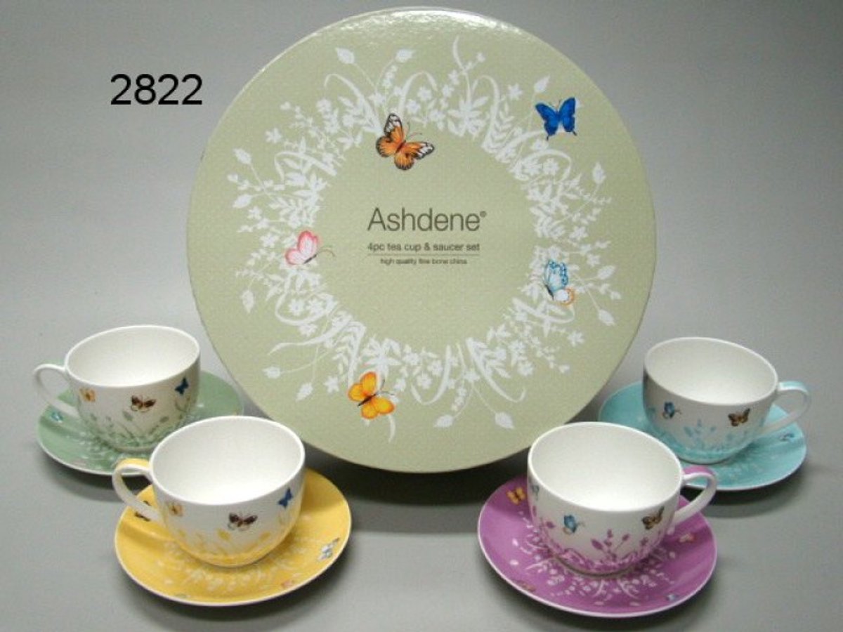 Kop en Schotel Set 4-delig – Tranquil – Vlinders en Bloemen – Porselein – Geschenkset