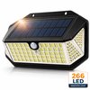 Zijaanzicht van een AXIMO 266 LED solar buitenlamp met zwarte behuizing, zonnepanelen en bewegingssensor. De lamp geeft krachtig licht.