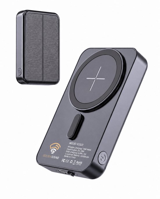 Zwarte zonnepaneel powerbank, met magnetische draadloze oplaadfunctie.