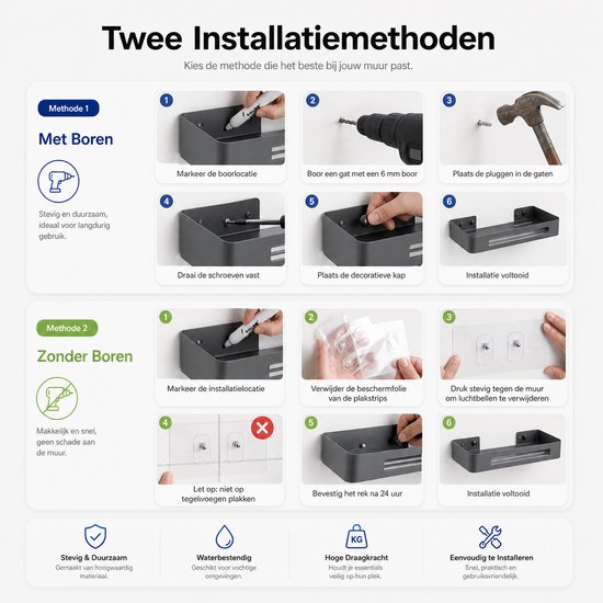 BOTC Support de douche - Support de douche 2 couches sans perçage - Acier inoxydable - Auto-adhésif - Support de douche suspendu - Support de salle de bain - Zwart