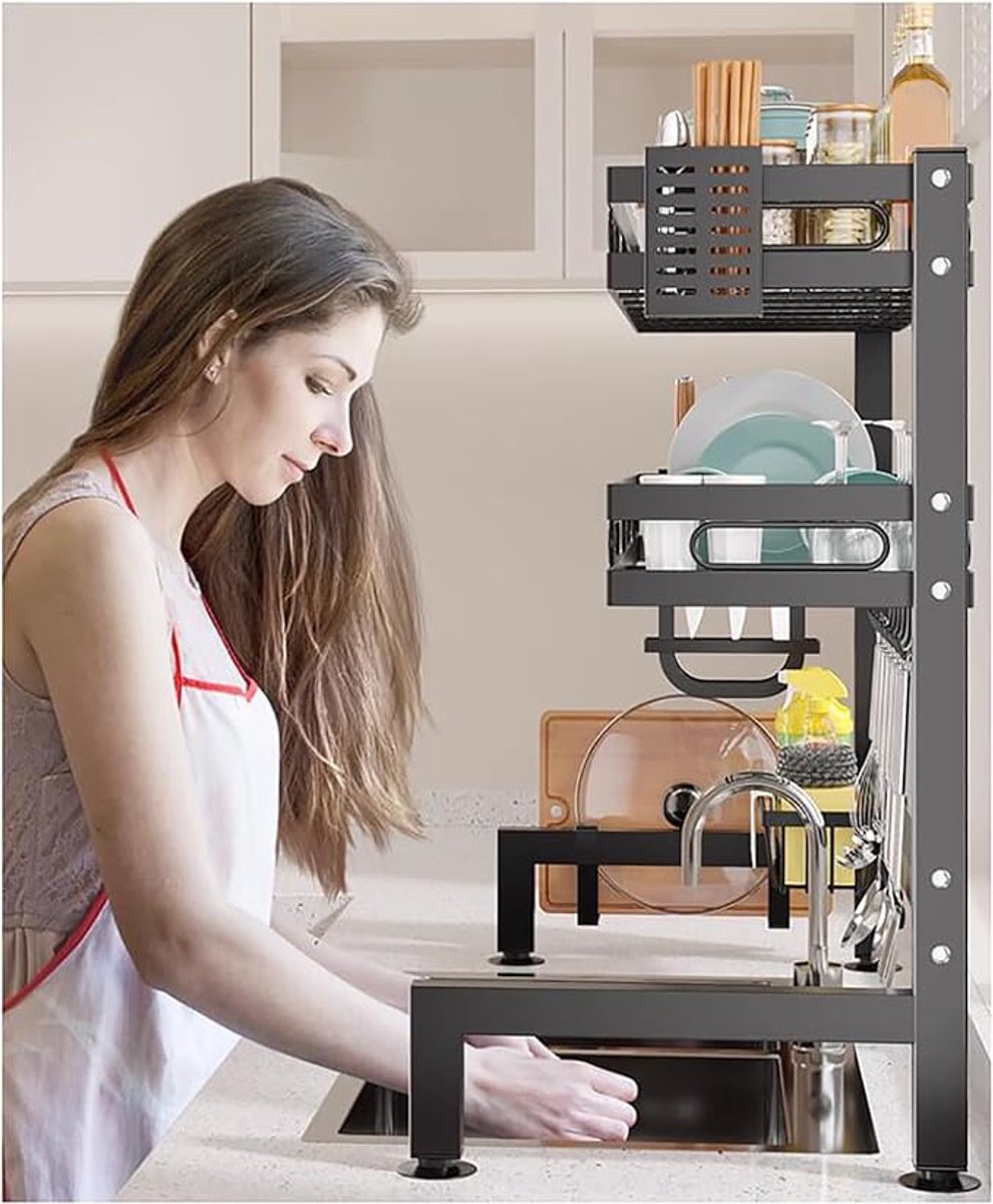Over-the-Sink Abtropfrek 2 Etages Keuken Organizer – Carbon Staal Afwasrek voor Spoelbak met Bestekhouder, Messenhouder, Snijplank Houder, 6 Haken & Zeepdispenser Houder – Ruimtebesparend Keukenrek