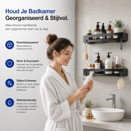 BOTC Doucherek - 2 laags Doucherek zonder boren - Roestvrij en Zelfklevend - Doucherek Hangend – Badkamerrek - Zwart
