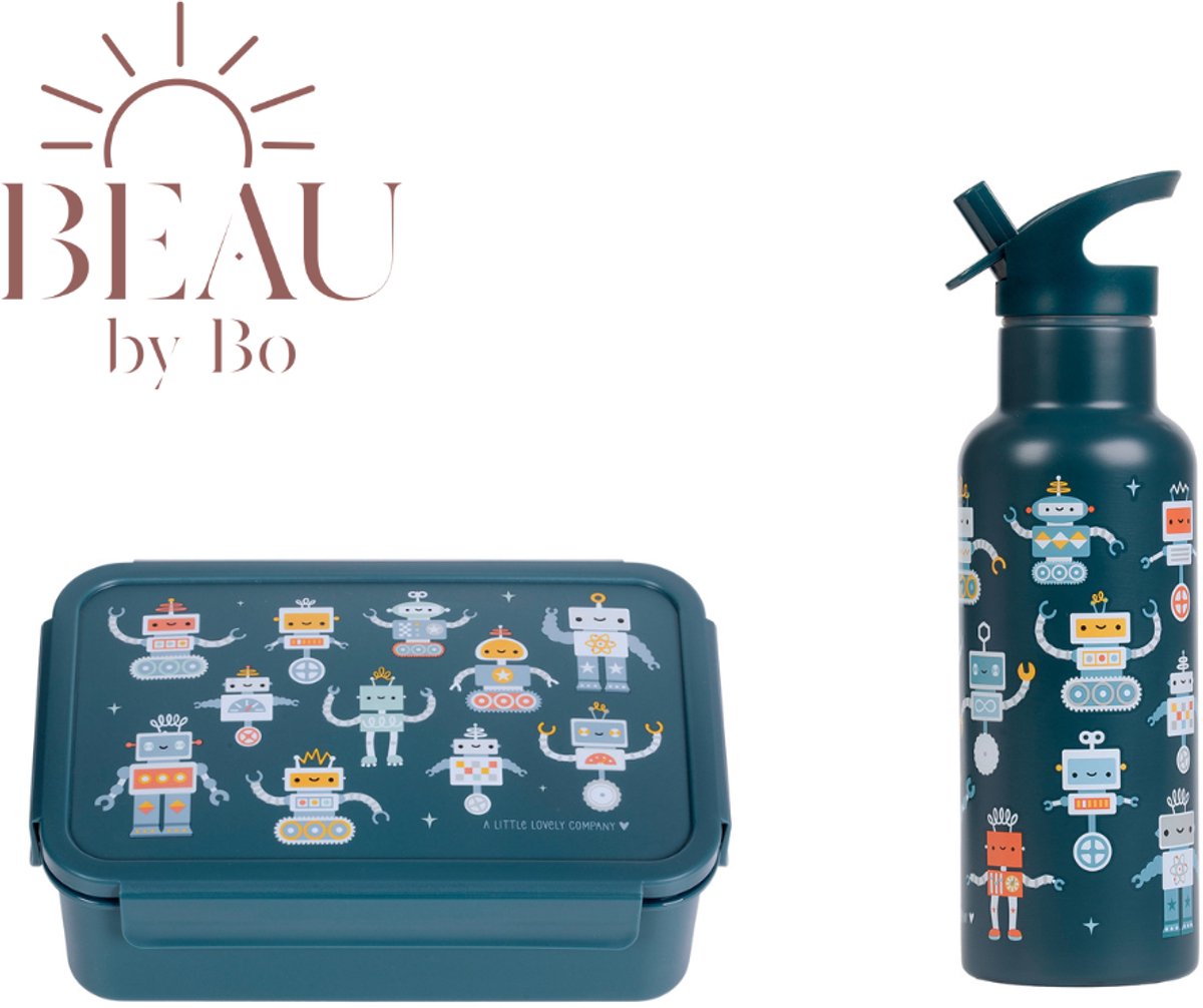 Bundel A Little Lovely Company Back to school set - Drinkfles XL RVS/Bentobox - Robots
