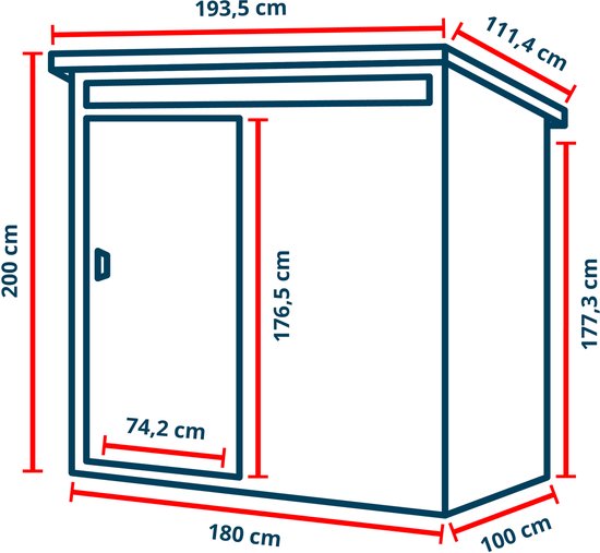 Schematische weergave met afmetingen van een grijze tuinschuur: 193,5 cm breed, 100 cm diep, 200 cm hoog.