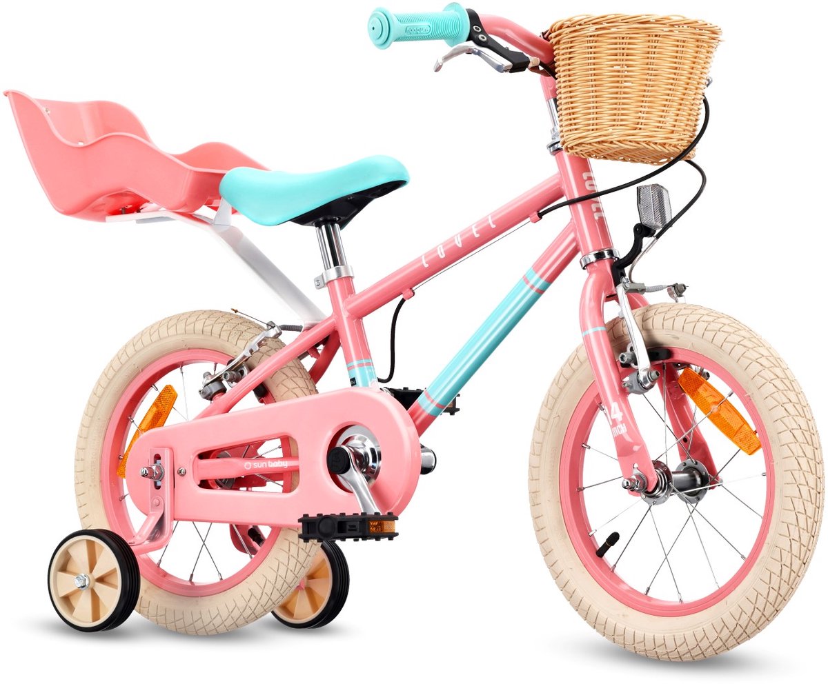 Sun Baby Kinderfiets 14 Inch LOVEL Fiets voor Meisje 3-5 Jaar, Max 50 kg - poppenstoeltje, zijwieltjes, mandje, bel, kettingkast - Roze-Muntgroen