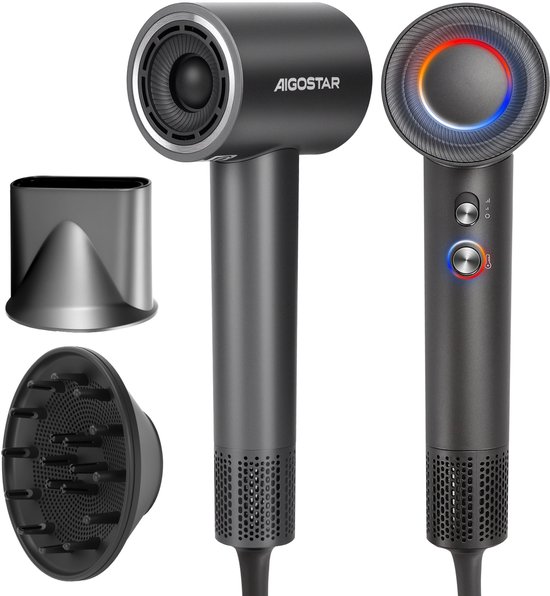 Aigostar Föhn met Diffuser - 110.000RPM - High Speed Haardroger - Reisfohn - Haardroger Krullen - 1600W - Zwart