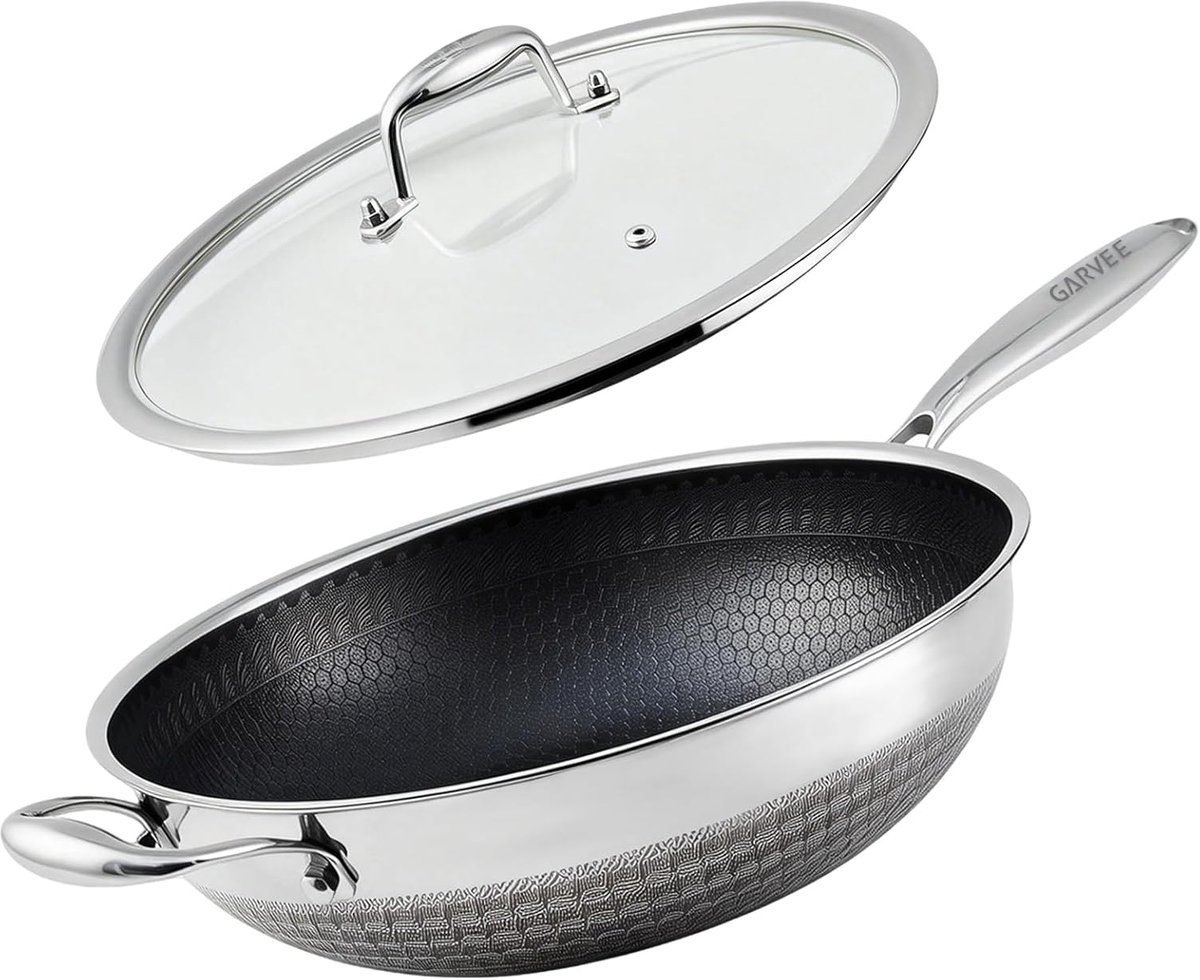 RVS Wokpan met Deksel - 33 cm - Tri-Ply (3-Laags) - Hybride Anti-Aanbaklaag - Inductie & Alle Warmtebronnen - PFOA-vrij