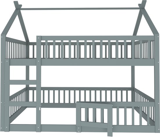 Grijs houten stapelbed met huisvormig dak en hekjes.