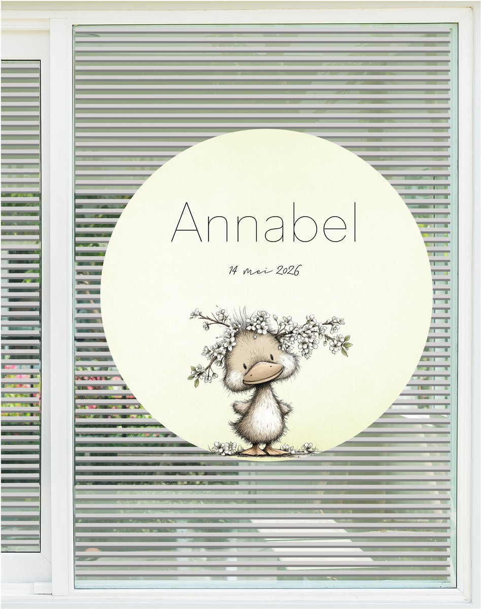 StudioJitske | geboortebord | raamsticker 80cm | raambord | makelaarsbord | eendje met bloemen naam en geboortedatum