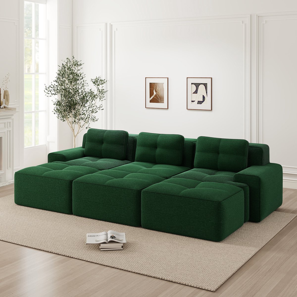 REDOM Modulaire 3-zits L-vormige frameloze hoekbank van cordstof met slaapfunctie – Diepe zit 74 cm – Loungebank & slaapbank voor woonkamer – Wolkenzacht comfort – Groen – 293x177x69 cm Groente