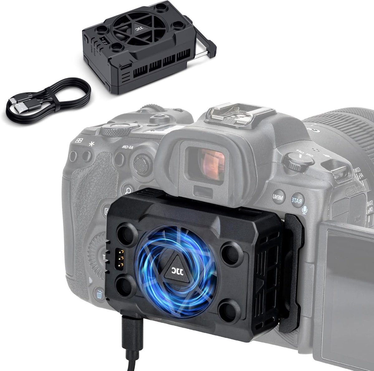 Koelventilator voor DSLR en spiegelloze camera's, stille semiconductorkoeling met Type-C opladen, 3 snelheden en automatische temperatuurregeling voor langdurige video-opnames