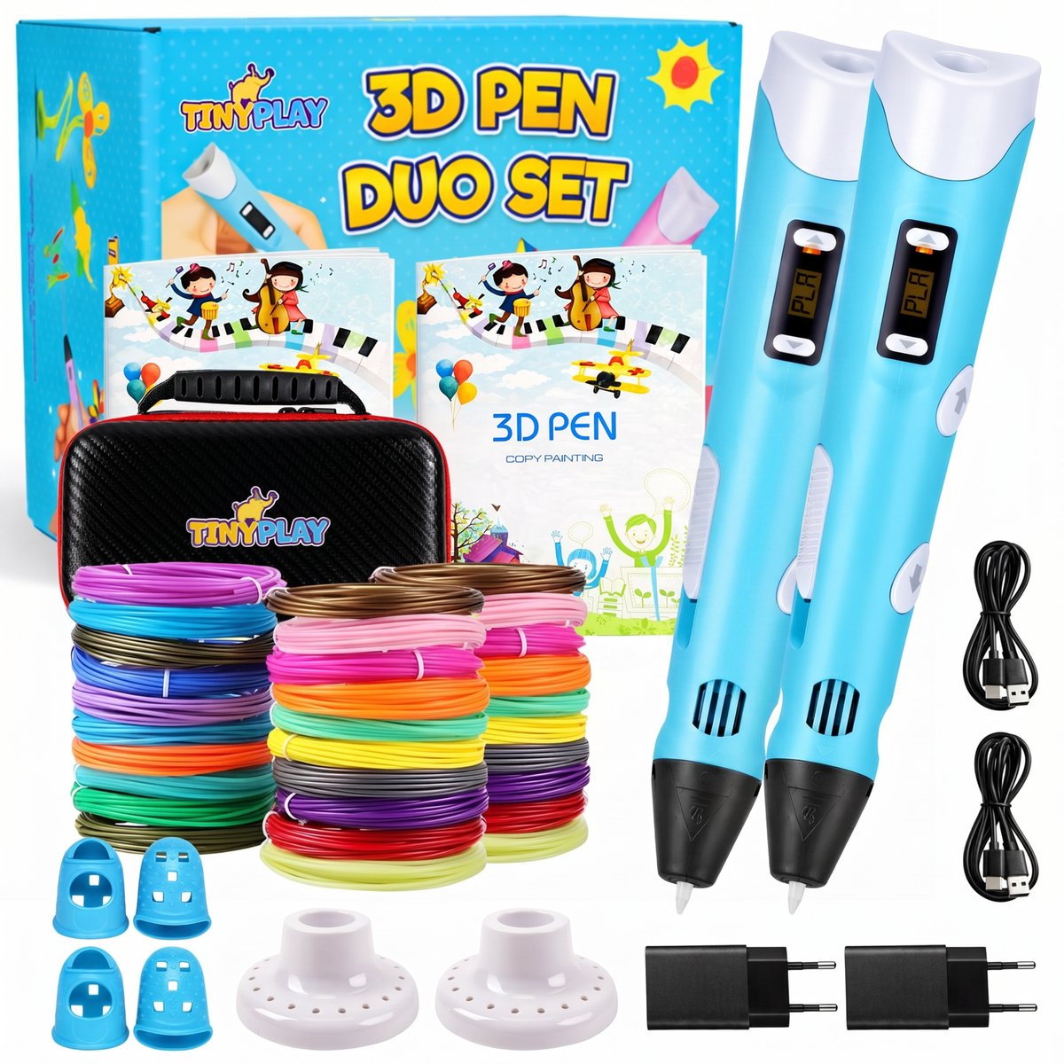 TinyPlay - Set van twee - 2x 3D Pen Starterspakket XXL - 100m Filament Vullingen - Opbergcase - Transparante tekenmat - Tekenboek - Vingerbeschermers - Knutselen Meisjes & Jongens - 3D pennen