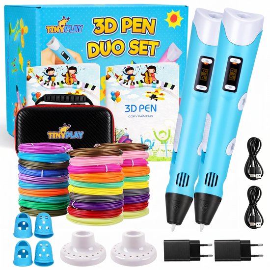 Twee blauwe 3D-pennen met witte stippen, filamentrollen, opbergcase en toebehoren. De tekst luidt "TinyPlay 3D PEN DUO SET".