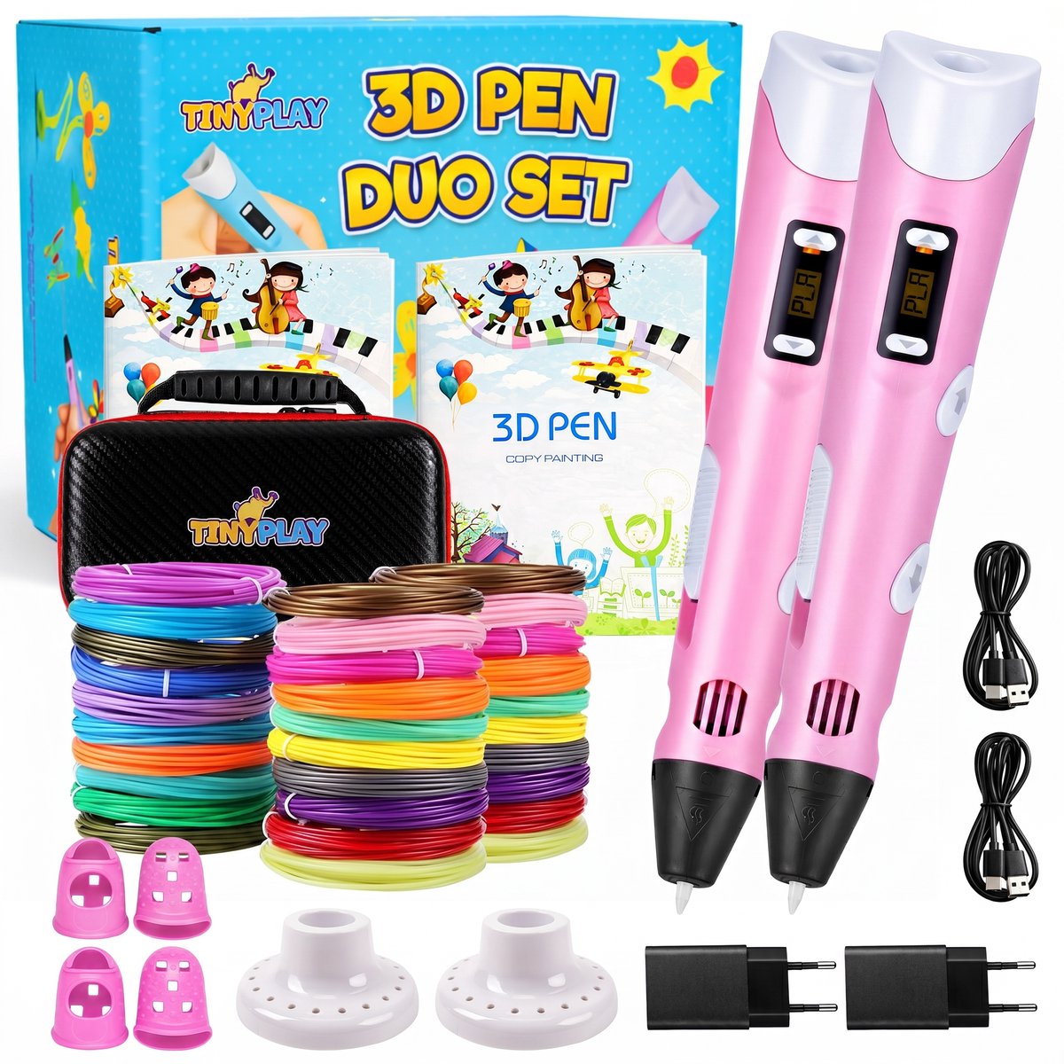 TinyPlay - Set van twee - 2x 3D Pen Starterspakket XXL - 100m Filament Vullingen - Opbergcase - Transparante tekenmat - Tekenboek - Vingerbeschermers - Knutselen Meisjes & Jongens - 3D pennen - 2x roze