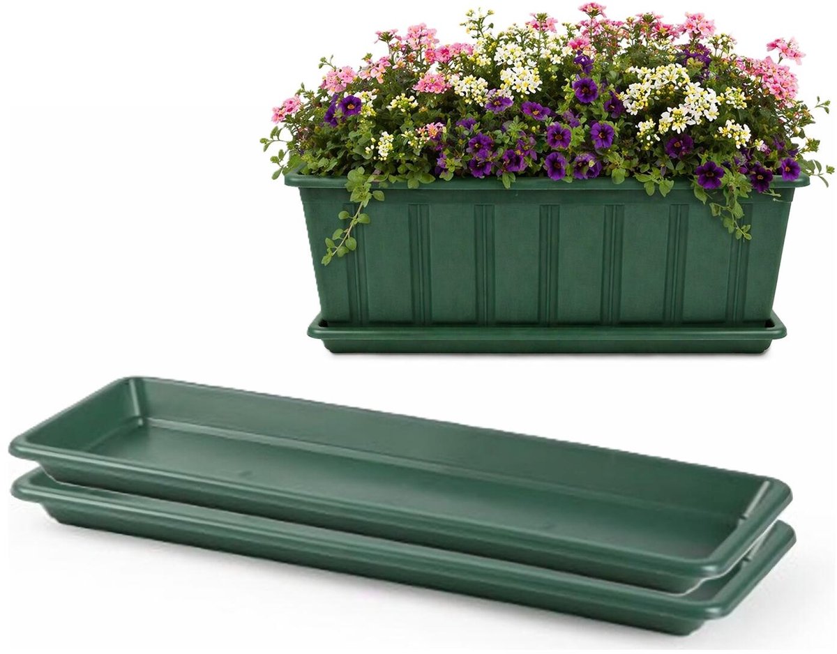Plasticforte Plantenbak water onder opvangschaal - 2x - groen - rechthoek - 48 x 18 cm - Bloembakken
