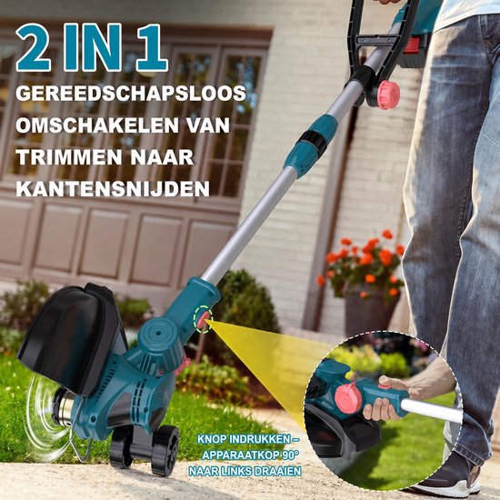Grastrimmer met turquoise kop en rode knoppen, verstelbaar naar kantensnijder. Inzet: knop indrukken, kop 90° draaien.