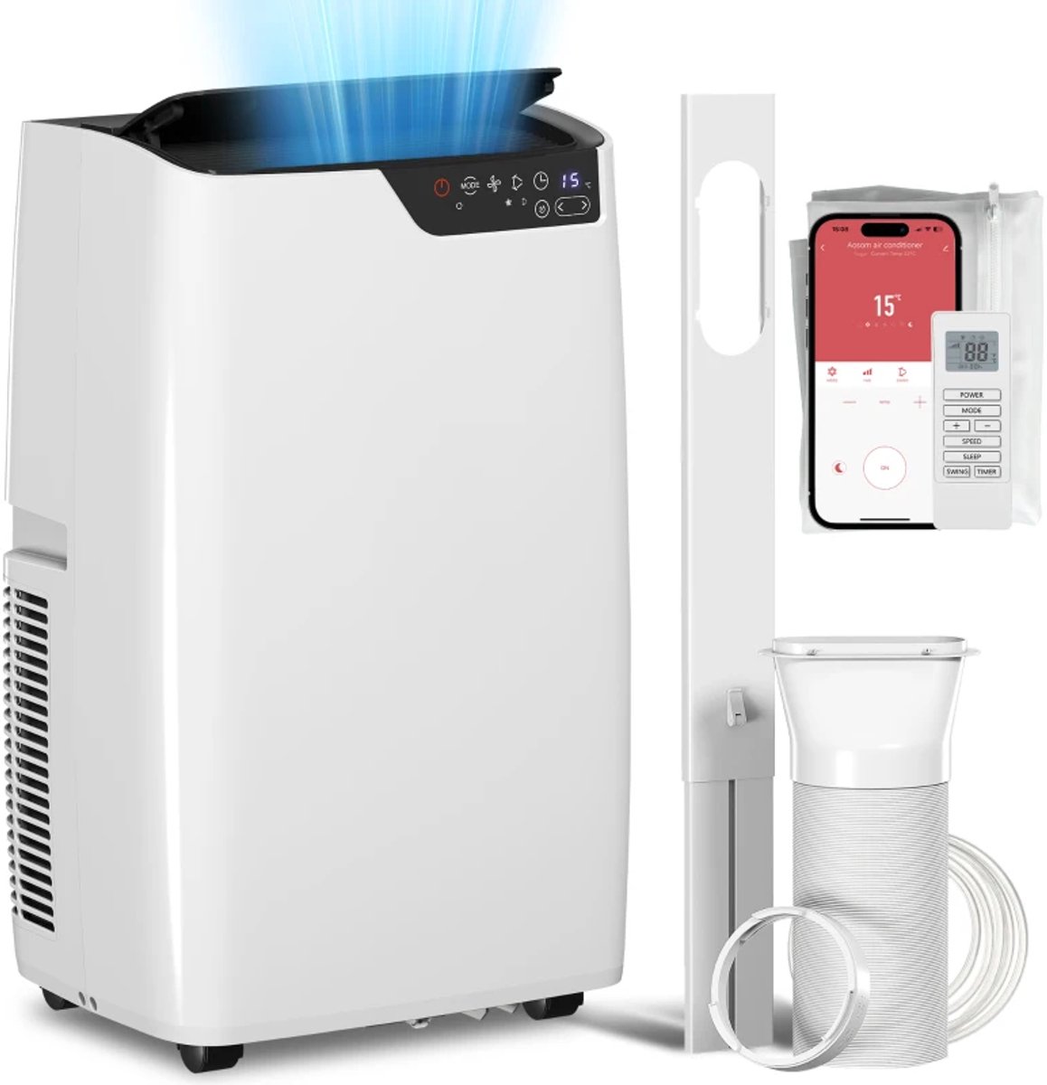 4-in-1 Mobiele Airco - Draagbare Airconditioner - 4-in-1 Koelen, Ontvochtiger, Ventilator & Slaapstand - 12000 BTU - Wifi-Spraakbediening - voor 18-35 m² - met Afstandsbediening & Timer - Wit