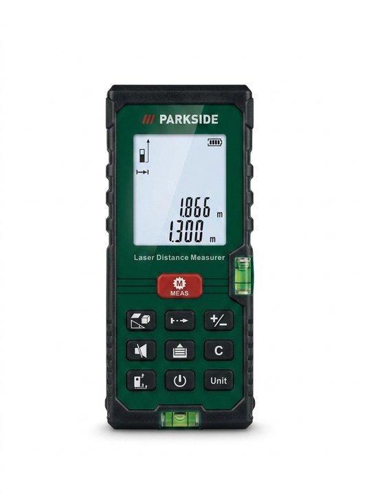 PARKSIDE Laser Distance Measurer met digitaal display dat 1.866m en 1.300m aangeeft. Groen met zwarte accenten en bubbelniveau.